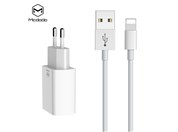 Mcdodo charger 220V, 2x USB, 2.4A, Lightning cabel, 1m, white